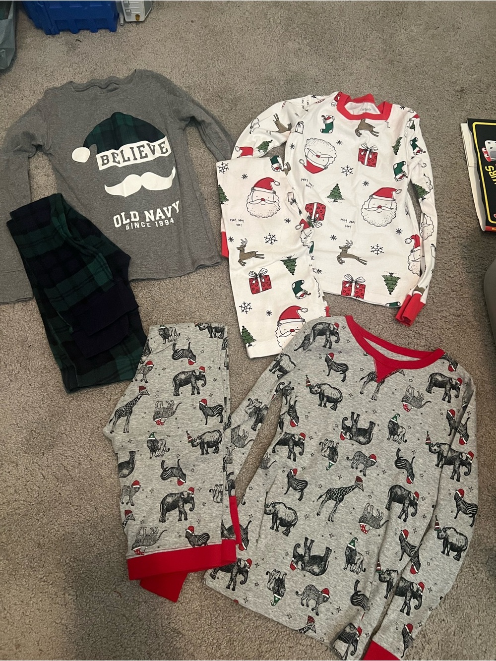 Kids Christmas Pajama Bundle size 8 - Gray, White, Red, Green, Black